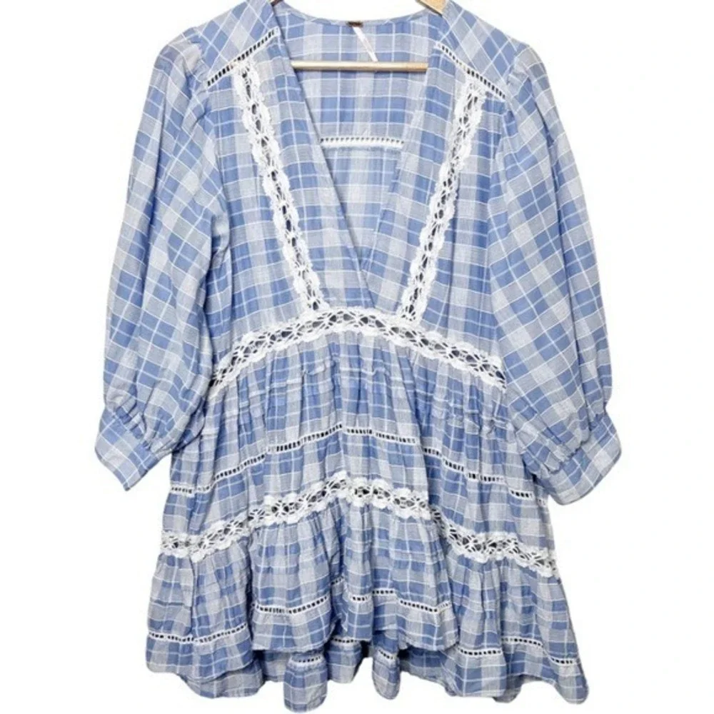 Free People Blue White Plaid Crochet Lace Tiered Babydoll‎ Tunic Top S/P Womens
